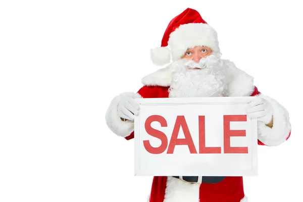 Santa claus holding vente conseil isolé sur blanc — Photo de stock