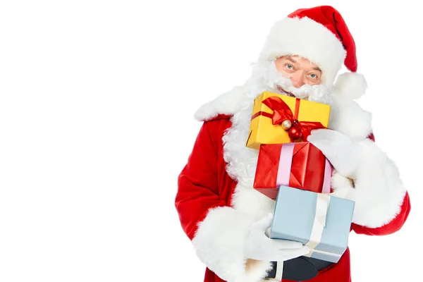 Santa claus in red costume with christmas gift boxes isolated on white — Stock Photo