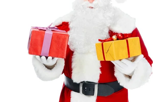 Cropped view of santa claus with christmas gift boxes isolated on white — Stock Photo