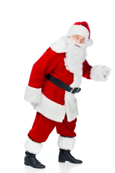 Bearded santa claus walking in red costume isolated on white — Stock Photo