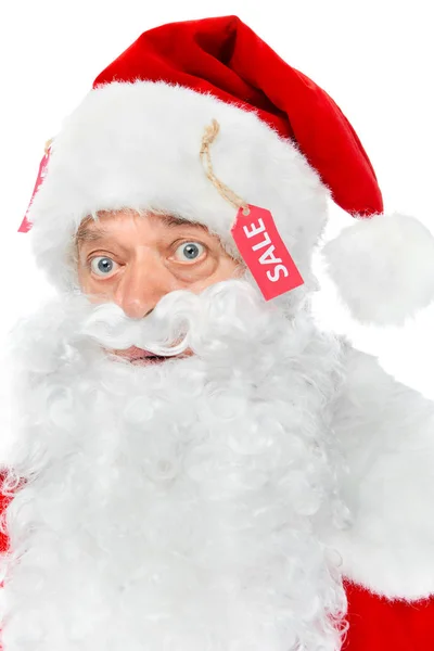 Bearded santa claus in red hat with sale tags isolated on white — Stock Photo