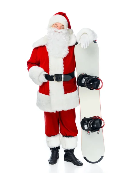 Santa claus posing with snowboard isolated on white — Stock Photo