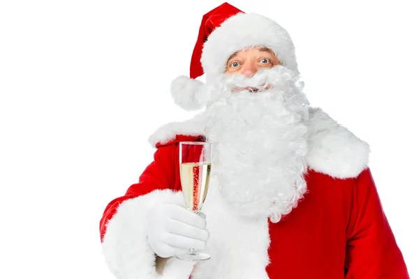 Papai Noel celebrando o ano novo com taça de champanhe isolada em branco — Fotografia de Stock
