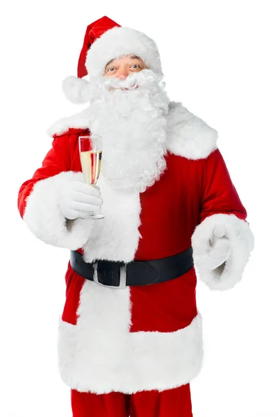 Papai Noel celebrando o Natal com taça de champanhe isolada em branco — Fotografia de Stock