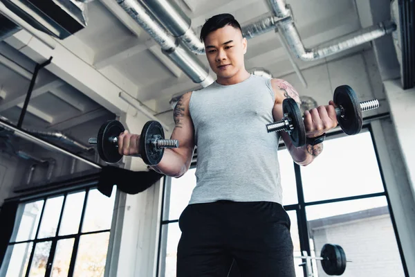 Concentrated young asian sportsman exercising with dumbbells in gym — Stock Photo