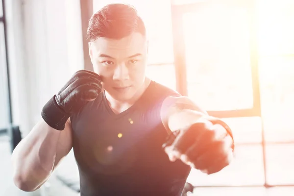 Jovem asiático desportista vestindo boxe luvas na luz solar — Fotografia de Stock