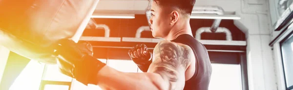 Young sportsman wearing boxing gloves and punching boxing bag at gym in sunlight — Stock Photo