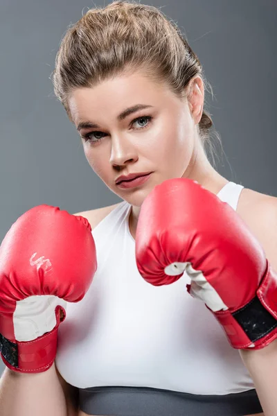 Schöne junge Frau in Boxhandschuhen blickt vereinzelt in die Kamera auf grau — Stockfoto