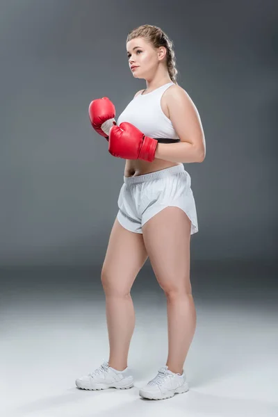 Junge übergroße Frau im Sportkleidungstraining in Boxhandschuhen auf grau — Stockfoto