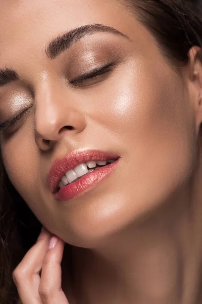 Close up of beautiful tender young woman with skin care and closed eyes — Stock Photo