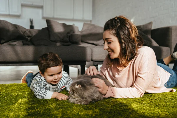 Pequeño niño y su madre jugando con lindo británico longhair gato en piso en casa - foto de stock