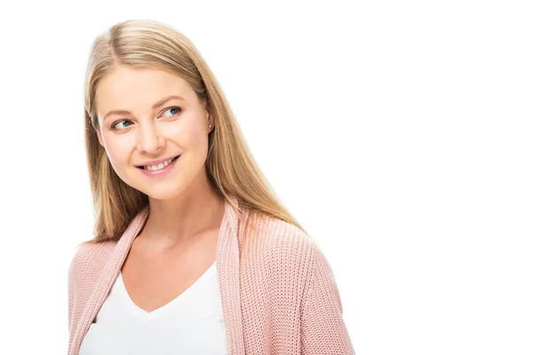 Beautiful smiling blonde woman in pink cardigan isolated on white — Stock Photo