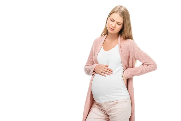 Tired pregnant woman holding belly isolated on white — Stock Photo