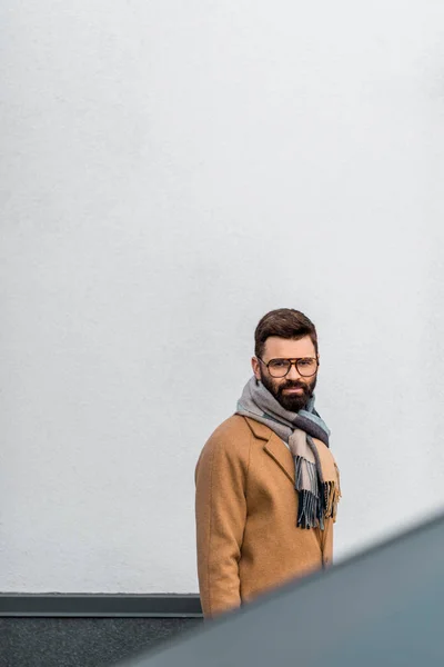 Focus sélectif de l'homme d'affaires barbu en manteau et écharpe — Photo de stock