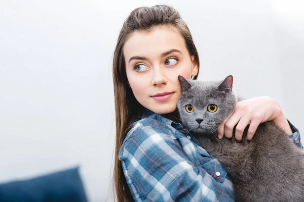 Menina segurando britânico shorthair gato e olhando para longe em casa — Fotografia de Stock