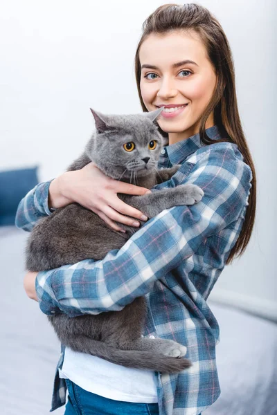 Красива молода жінка тримає британського короткошерстого кота і посміхається на камеру — стокове фото