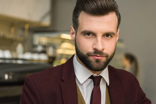 Portrait of handsome focused businessman in formal wear looking at camera — Stock Photo
