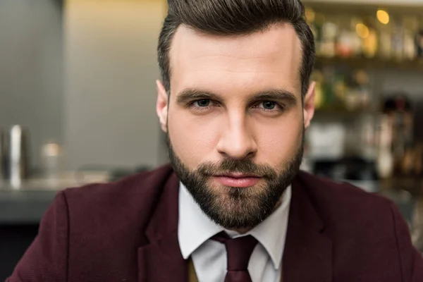 Portrait of handsome focused businessman in formal wear looking at camera — Stock Photo