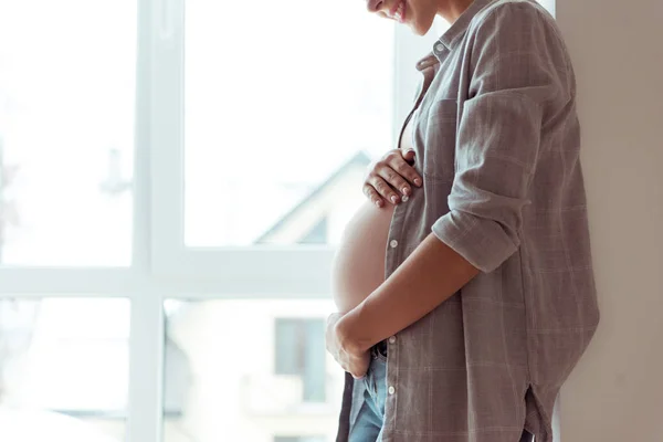 Vista cortada de mulher grávida sorridente com as mãos na barriga em pé pela janela — Fotografia de Stock