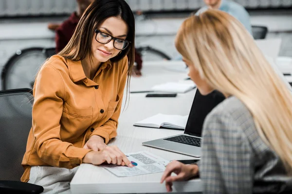 Concentrazione selettiva delle giovani imprenditrici che svolgono pratiche burocratiche in ufficio — Foto stock