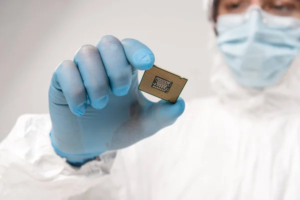 Selektiver Fokus des Mikrochips in der Hand eines Wissenschaftlers, der Latex-Handschuh auf grauem Hintergrund trägt — Stockfoto