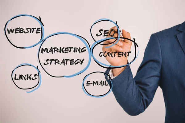 Partial view of businessman writing marketing strategy with marker isolated on grey — Stock Photo