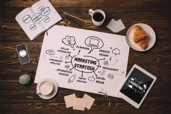 Vue du dessus du papier avec stratégie de marketing, fournitures d'affaires, croissant et tasse à café sur table en bois — Photo de stock