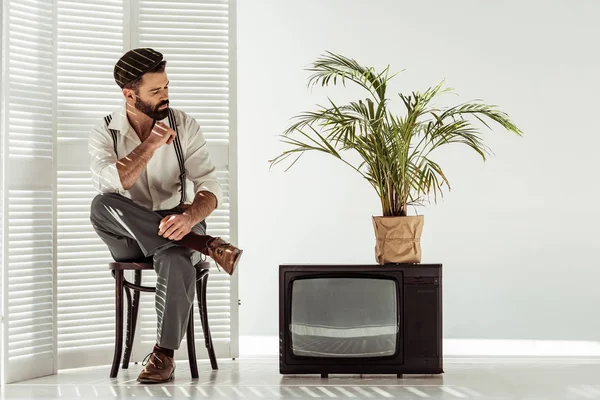 Guapo barbudo hombre sentado en silla cerca de sala divisor y retro tv y mirando a la planta en olla - foto de stock