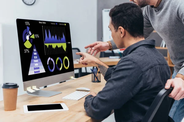 Cropped shot of business colleagues using desktop computer with charts and graphs on screen in office — Stock Photo