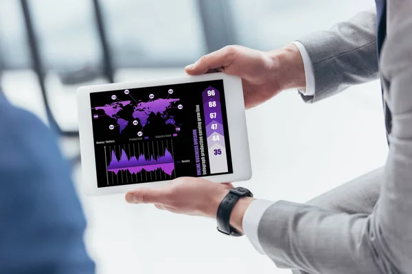 Teilansicht des Geschäftsmannes mit digitalem Tablet mit Geschäftsdiagrammen auf dem Bildschirm — Stockfoto