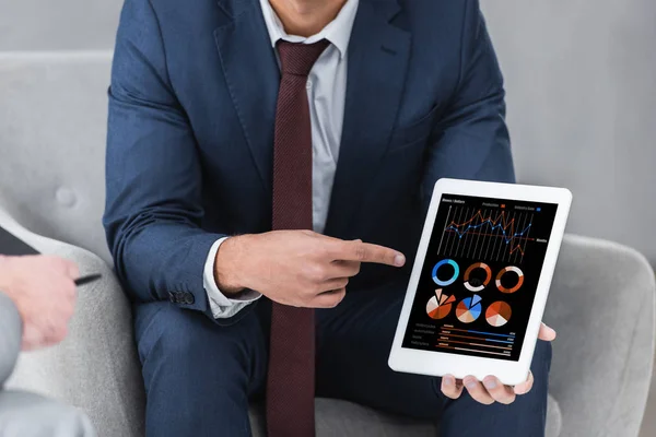 Abgeschnittene Aufnahme eines Geschäftsmannes in offizieller Kleidung, der mit dem Finger auf ein digitales Tablet mit Geschäftsdiagrammen und Grafiken zeigt — Stockfoto