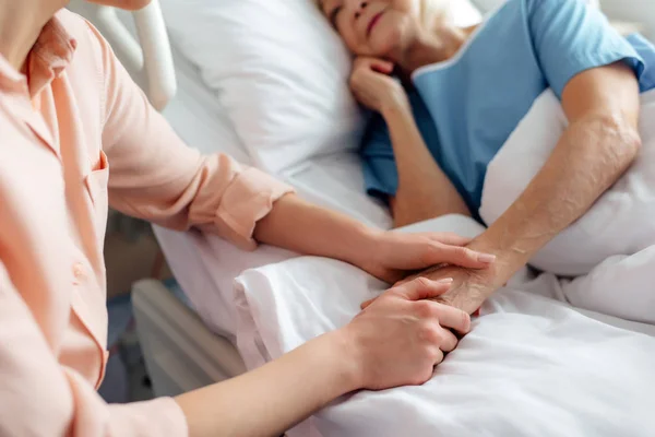 Vista recortada de la hija sentada cerca de la madre mayor en la cama y cogida de la mano en el hospital - foto de stock