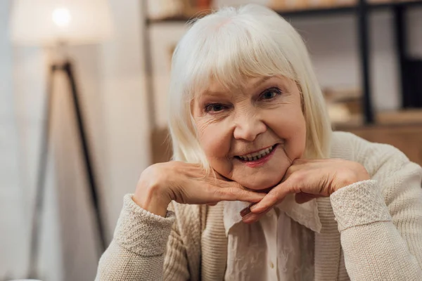 Lächelnde Seniorin mit grauen Haaren, die das Kinn mit den Händen stützt und zu Hause in die Kamera schaut — Stockfoto