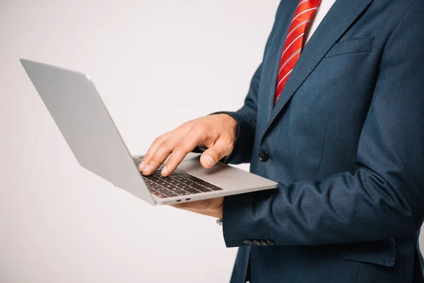 Vue partielle de l'homme d'affaires en utilisant un ordinateur portable isolé sur gris — Photo de stock