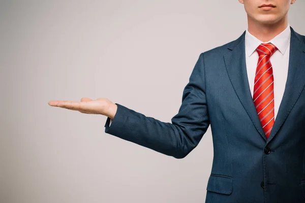 Cropped view of businessman gesturing and presenting something isolated on grey — Stock Photo