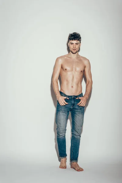 Sexy fashionable man in jeans posing on grey — Stock Photo