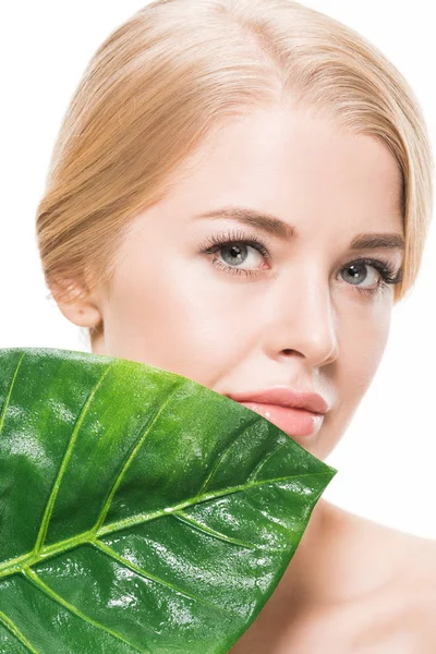 Красивая нежная молодая женщина с зеленым тропическим листом, смотрящая на камеру, изолированную на белом — стоковое фото
