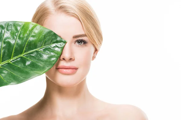 Attractive naked girl with green tropical leaf near eye looking at camera isolated on white — Stock Photo