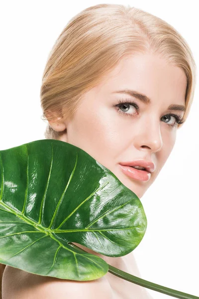 Bella giovane donna che tiene foglia tropicale verde e guardando la fotocamera isolata su bianco — Foto stock