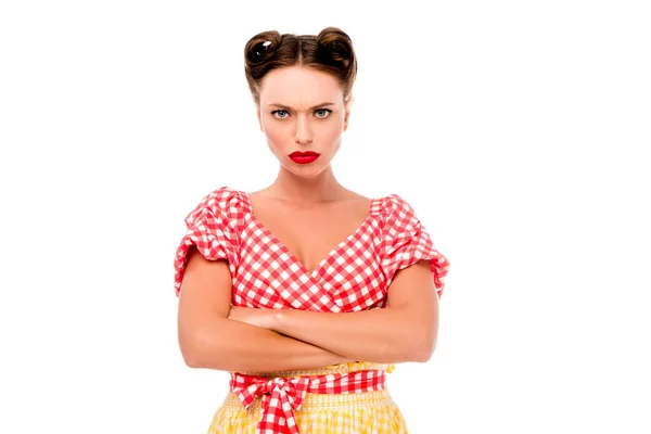 Angry pin up girl with cross hands looking at camera isolated on white — стоковое фото