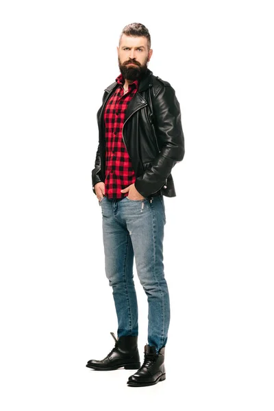 Bearded rocker posing in black leather jacket isolated on white — Stock Photo