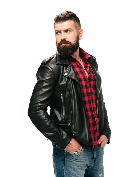 Bearded man in black leather jacket isolated on white — Stock Photo