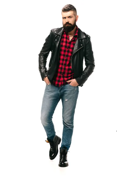 Handsome bearded man in black leather jacket isolated on white — Stock Photo
