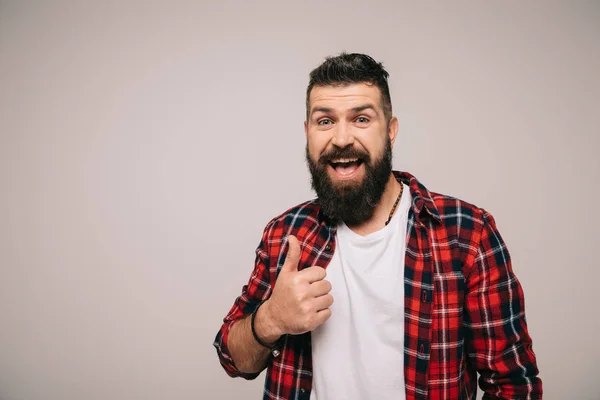 Збуджений бородатий чоловік у картатій сорочці, що показує великий палець вгору, ізольований на сірому — стокове фото