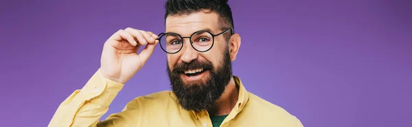 Hombre barbudo feliz en gafas aisladas en púrpura - foto de stock