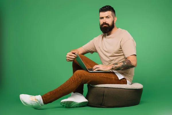 Homem barbudo confiante usando laptop isolado no verde — Fotografia de Stock