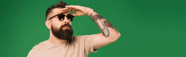 Bel homme barbu aux lunettes de soleil regardant loin, isolé sur le vert — Photo de stock