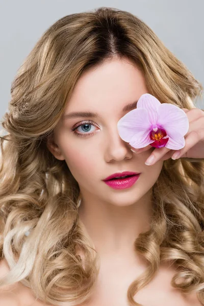Молода блондинка приваблива жінка тримає фіолетову орхідею біля обличчя ізольовано на сірому — стокове фото