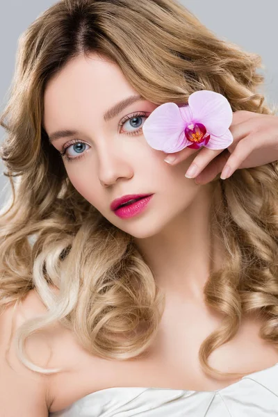 Mujer elegante joven sosteniendo orquídea púrpura aislada en gris - foto de stock