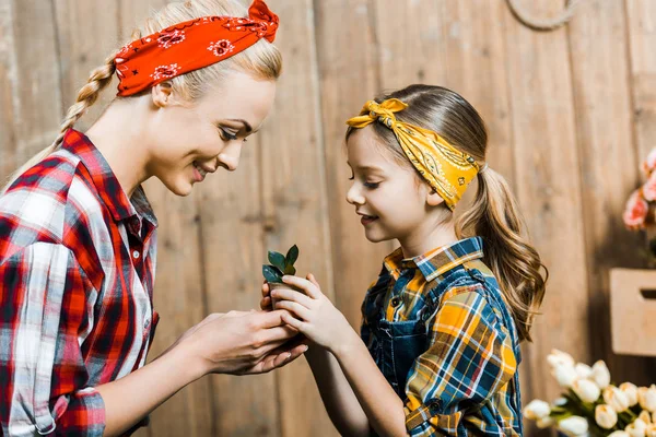 Happy mother and daughter holding small plant with green leaves — Stock Photo